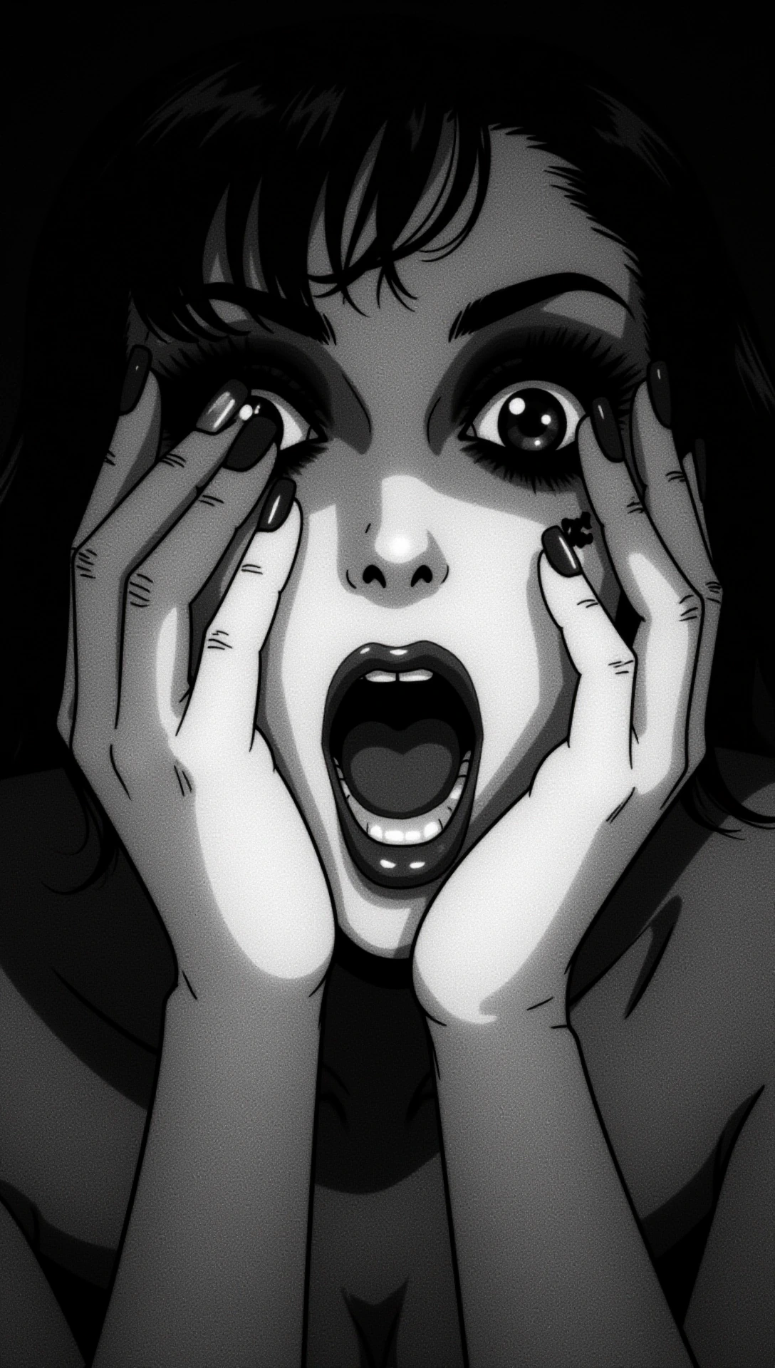 # Black and White Portrait A dramatic black and white photograph captures a person's face partially obscured by their hands. Their mouth is open in an