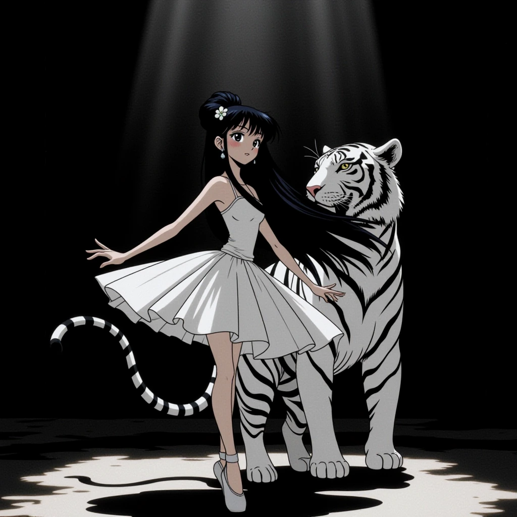 1girl, tiger, white tiger, long hair, black hair, hair bun, bangs, hair flower, earrings, dark eyes, blush, asian, 1woman, solo, ballerina, ballet dan