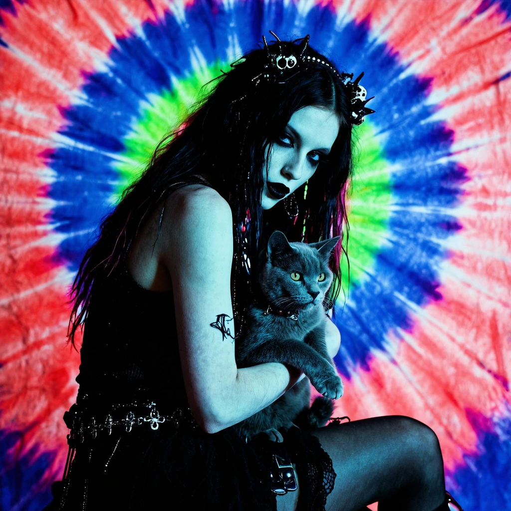 A stunning goth woman with pale skin and black hair adorned with skull accessories sitting with a gray cat against a vivid backdrop of coral, indigo, and lime green tie-dye patterns, cinematic side lighting