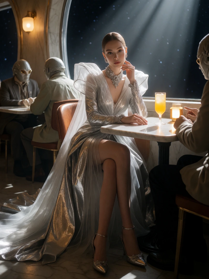 high fashion editorial photograph of an original fashion model seated in a luxurious café floating somewhere in deep space, wearing an elaborate avant garde gown with metallic silver fabric, translucent layers, sculptural shoulders, and jeweled detai