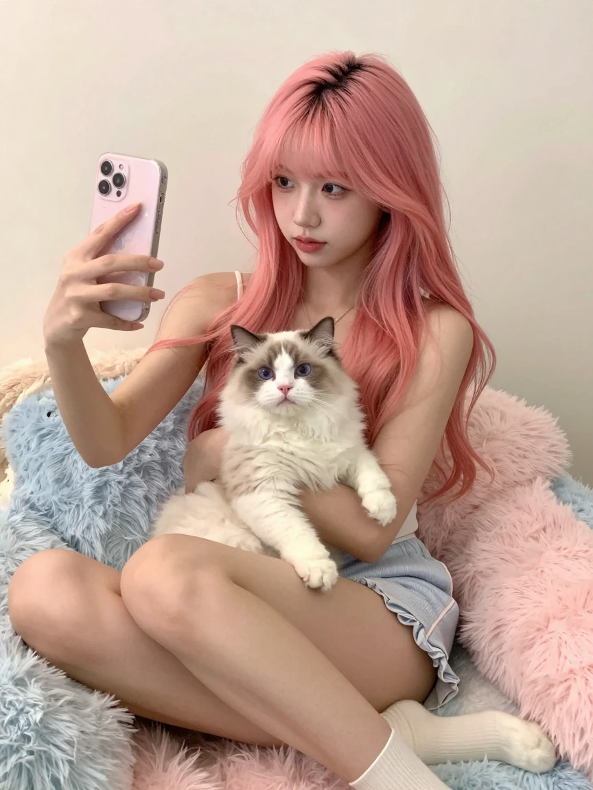 Crazy girlfriend pink hair taking a selfie with her cat, sitting on a pastel plush bed