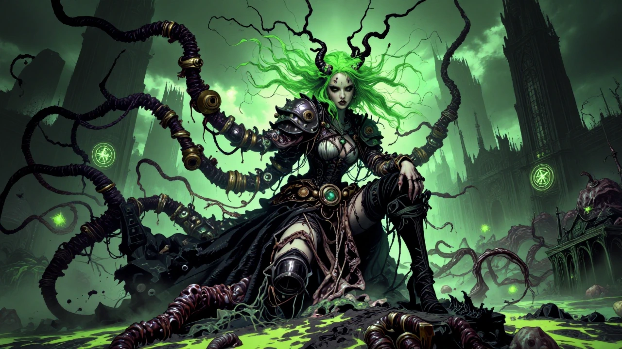 A striking female supermodel with neon-green hair cascading in wild, glowing strands poses defiantly atop a decaying battlefield, her ornate armour fused with grotesque Nurgle mutations—swirling tentacles of putrid flesh and corroded brass trinkets.