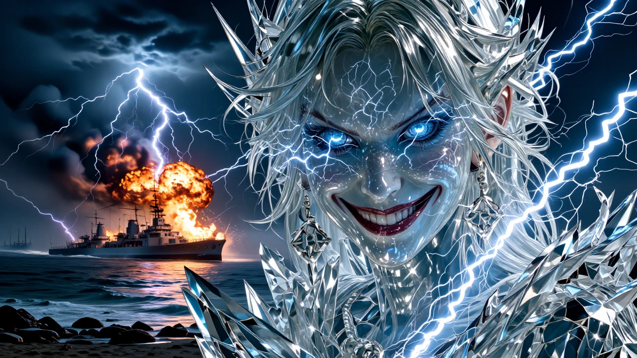 Photorealistic Close up of an Occultist Thule Society Woman with a sinister Germanic aspect and ash-blonde Rapunzel hair, her blue eyes are shot through with lightning bolts, her mouth twisted into a sadistic smile. She is standing upon a French Coas