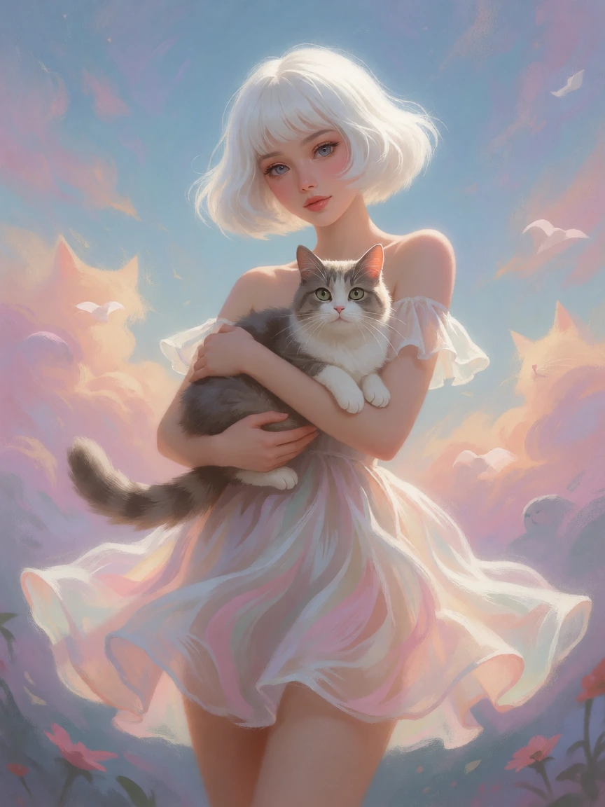 Woman white bob hair, with her cat, ethereal swirl minidress, beautiful pastel painting