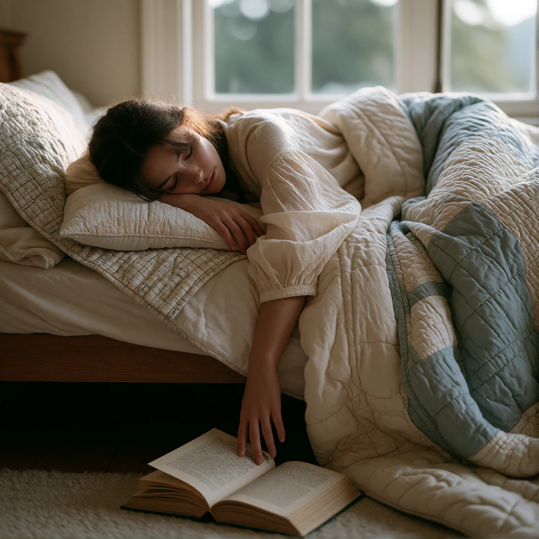 Woman in soft morning light sleeping curled on a deep windowsill, her head resting on layered quilts and blankets in cream and pale blue, one arm draped over the edge with an open book lying on the floor directly below her dangling hand—the pages sli