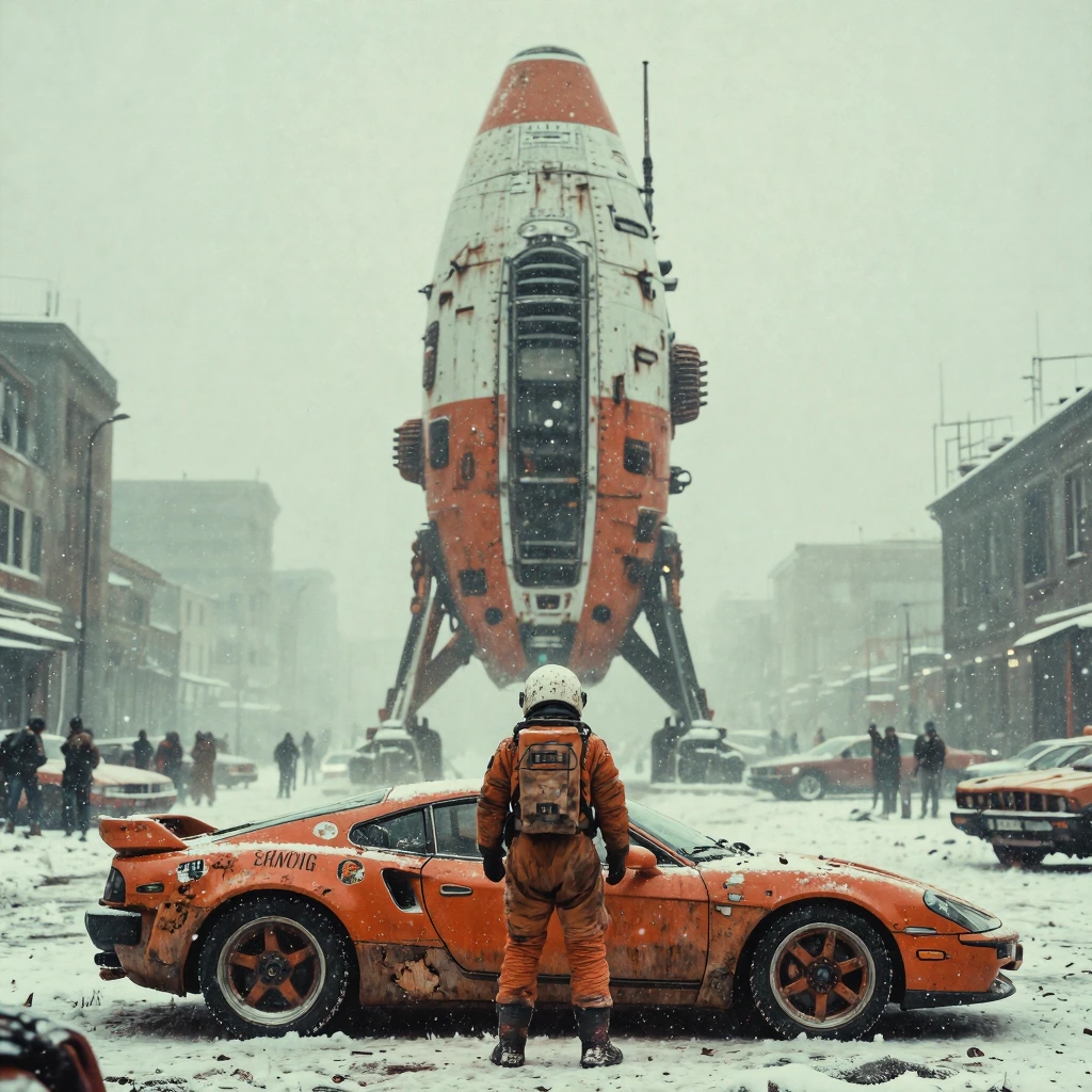 a figure in a grimy battered orange astronaut suit and white scratched helmet standing with their back to the viewer in heavy falling snow, beside a low-slung orange sports car covered in mud splashes stickers dents and hand-painted lettering, both f