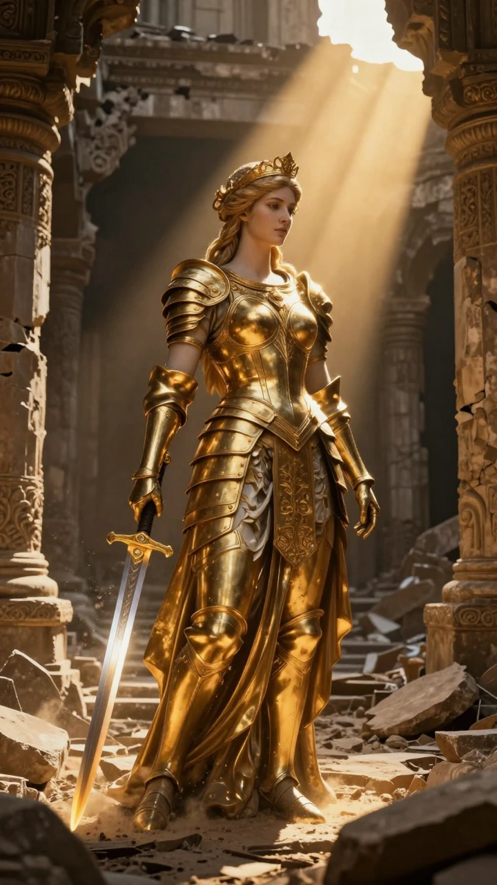 Warrior goddess in burnished gold armor standing alone in a crumbling stone temple at golden hour, single beam of sunlight cutting through dust and fallen masonry, illuminating half her face in sharp relief while the other half disappears into shadow