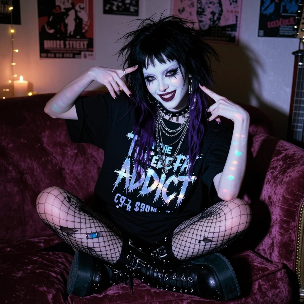 Pale porcelain skin, dramatic heavy black eyeliner with artistic wing flicks, deep burgundy lips, gothic aesthetic, petite frame wearing oversized bla