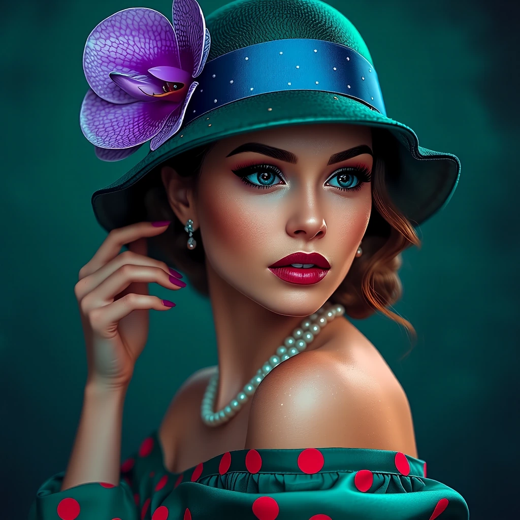 Close-up portrait of a stunning elegant woman in her late 20s, realistic cinematic style, soft dramatic lighting. She is wearing a sophisticated deep emerald green cloche hat with a wide satin ribbon in royal blue and delicate white polka dots, adorn