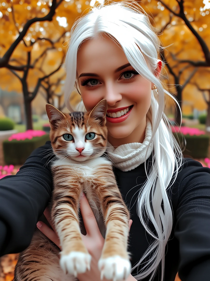 crazy girlfriend, platinum hair, taking a selfie with her cat while she walks through an arboretum full of fall flowers, closeup