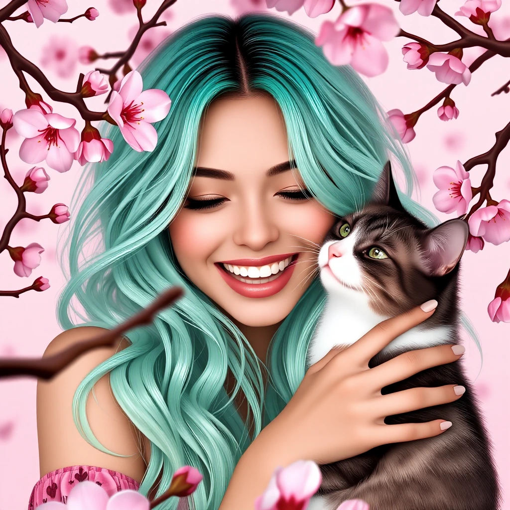 Beautiful woman seafoam green ombre hair, cherry blossoms, laughing out loud with her cat