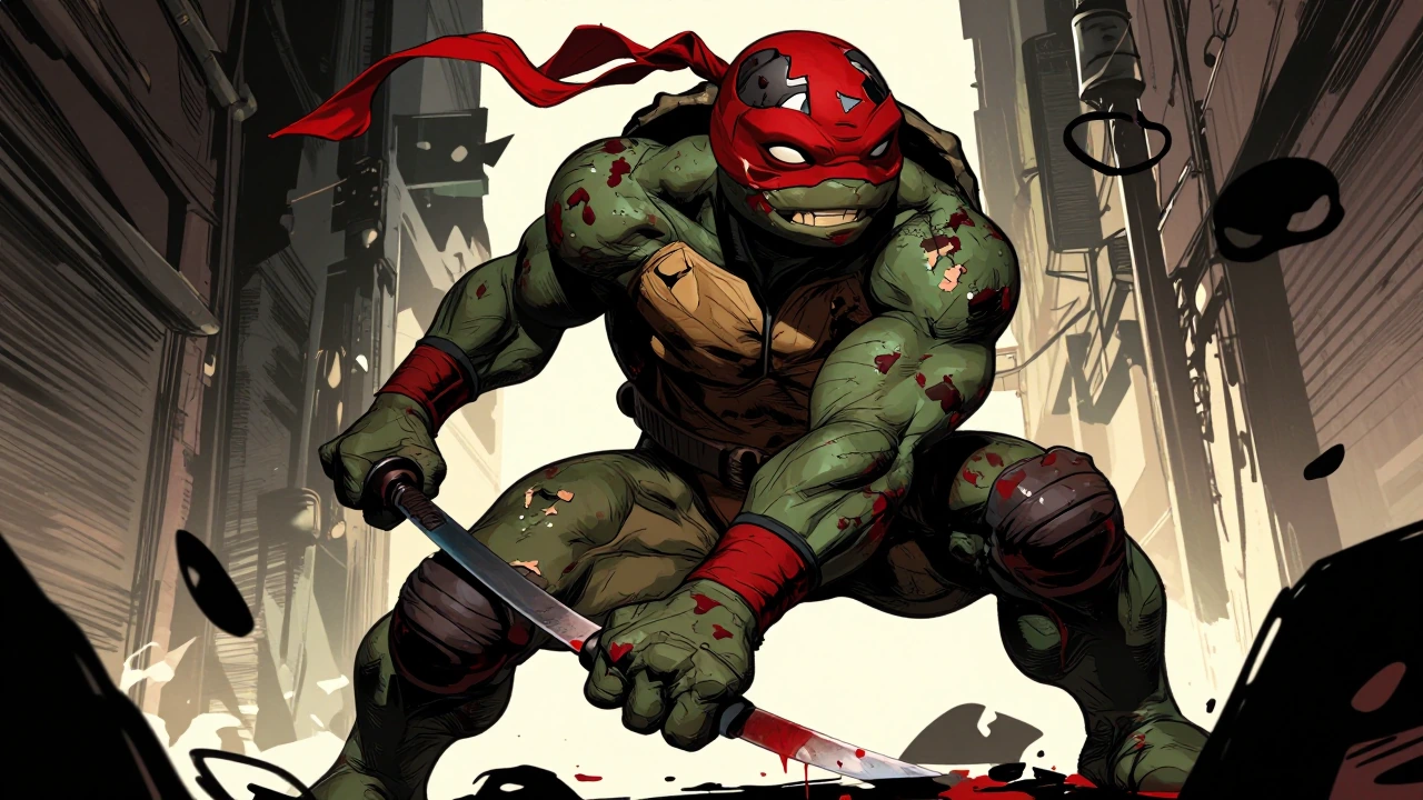Bold, edgy hero shot keyframe of Raphael from Teenage Mutant Ninja Turtles, rendered in a raw, avant-garde hand-drawn graphic novel style blending Frank Miller, Mike Mignola, and Kentaro Miura. Thick, imperfect, expressive ink lines with visible brus