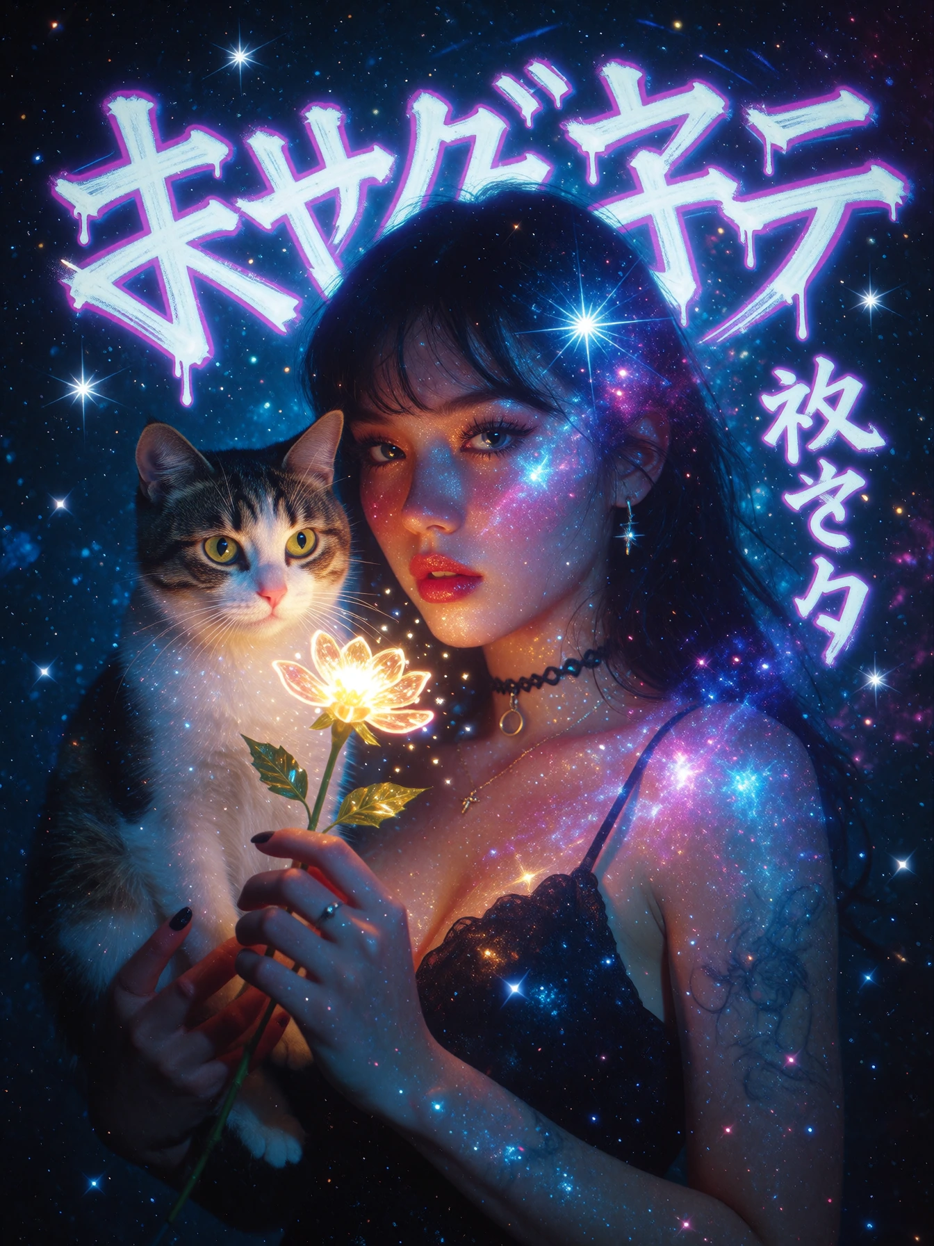 Galaxy themed woman with her cat, glowing flower, glowing Japanese graffiti