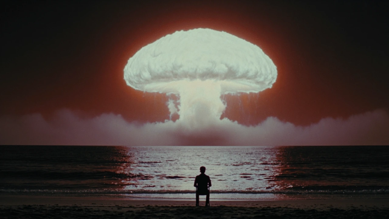 dark_dreamcore_style, A lone silhouetted figure sits motionless on a simple chair at the edge of a dark beach, facing a vast glowing mushroom cloud rising over the ocean horizon. The explosion floods the scene with intense white, orange, and deep red