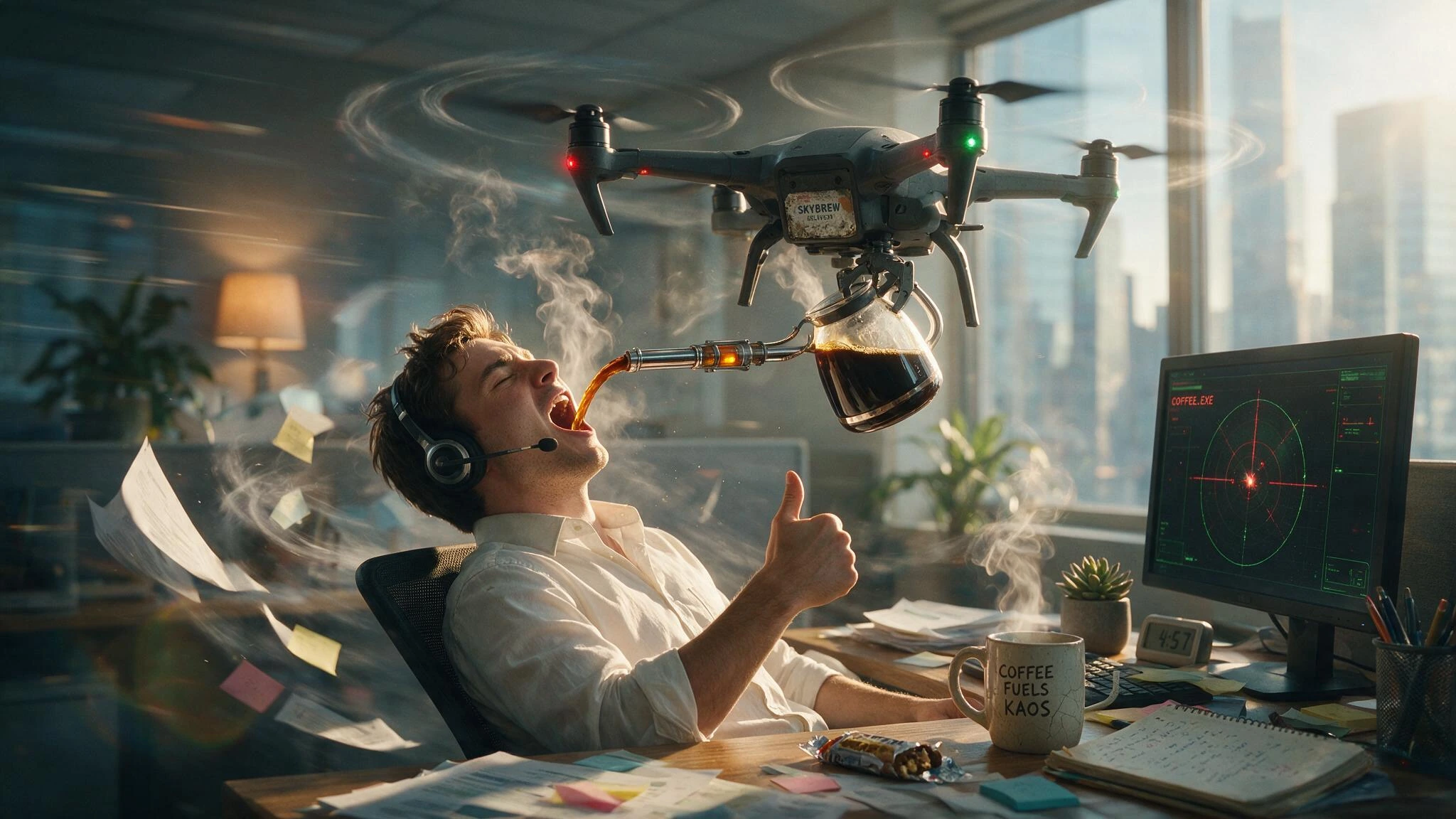 Capture a young man in his mid-20s seated at a cluttered desk, tilted back in his office chair like a fighter pilot mid-flight, mouth open wide as a steady stream of steaming coffee arcs down into his face. Above and behind him hovers a matte-gray of