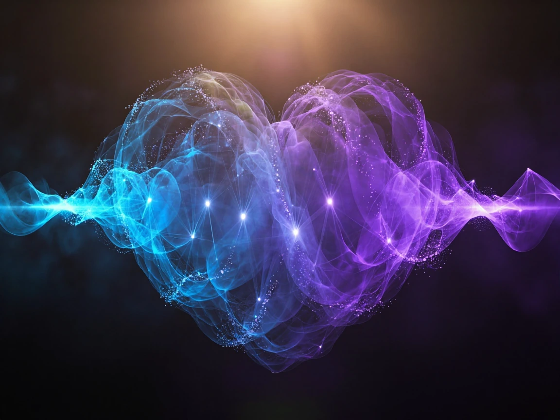 Luminescent soundwave visualization, cascading ethereal waves of electric blue and violet energy, flowing through a dark heart, crystalline particles dancing along the wave frequency, cinematic lighting with volumetric god rays, high-contrast dramati