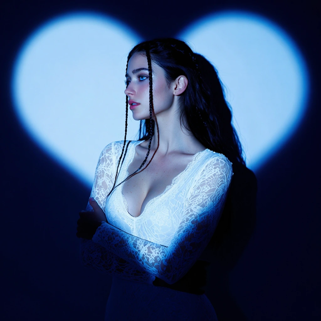 A cinematic, moody portrait of a stunning 23-year-old woman with long, jet-black hair is captured in a three-quarter profile view. She is standing with her arms crossed beneath her chest, gazing off to the left with a serene, contemplative expression