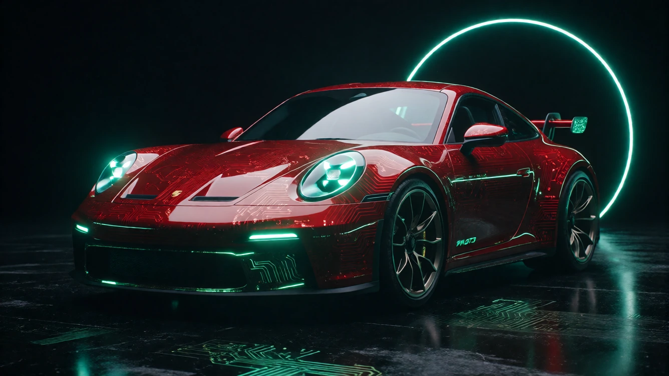​A detailed, full-body portrait photograph of a Porsche 911 GT3 (992 generation), rendered in a flawless, ultra-high-gloss deep candy apple red lacque