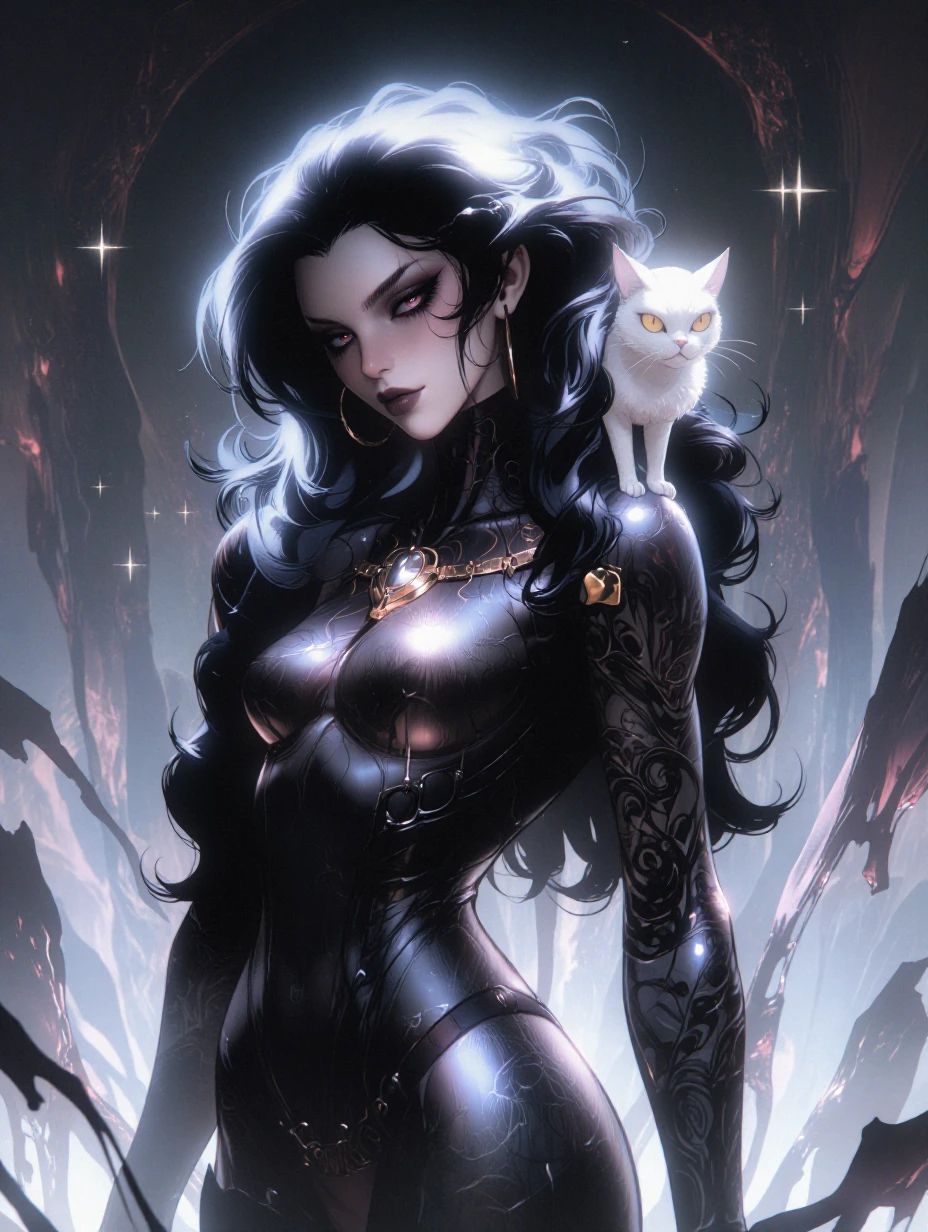 Woman long black silver hair, dark souls tight boss armor, with a cat, goth background manga