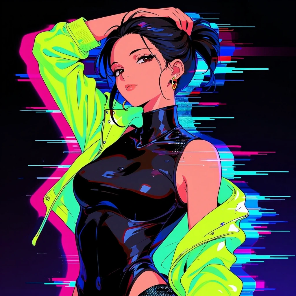 A vibrant digital illustration of a stylish anime woman with dark hair in a messy updo, posing with one arm raised behind her head. She wears a sleek 