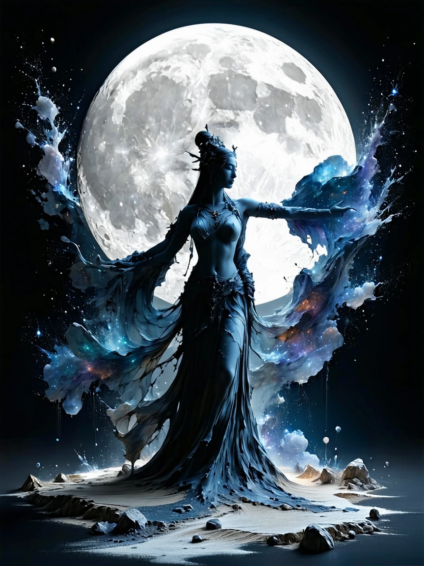 Ethereal goddess resplendent in flowing earthen and obsidian robes dramatically created with fine sand and ebony relief. She is depicted with a benevo