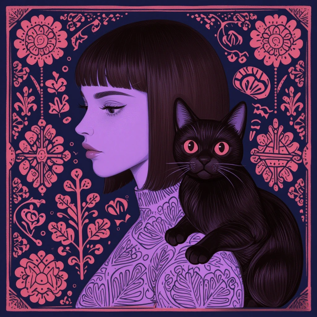 Whimsical gouache illustration featuring a woman in profile with lavender skin tones, her black cat perched on her shoulder, against a navy background decorated with intricate folk art motifs, botanical elements, and ornamental patterns in shades of 