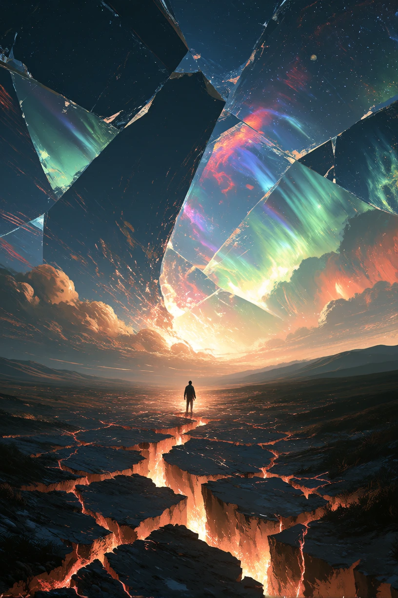 A vast landscape dissolving into itself—foreground earth cracks open to reveal luminescent veins of light beneath, while the sky above fragments like
