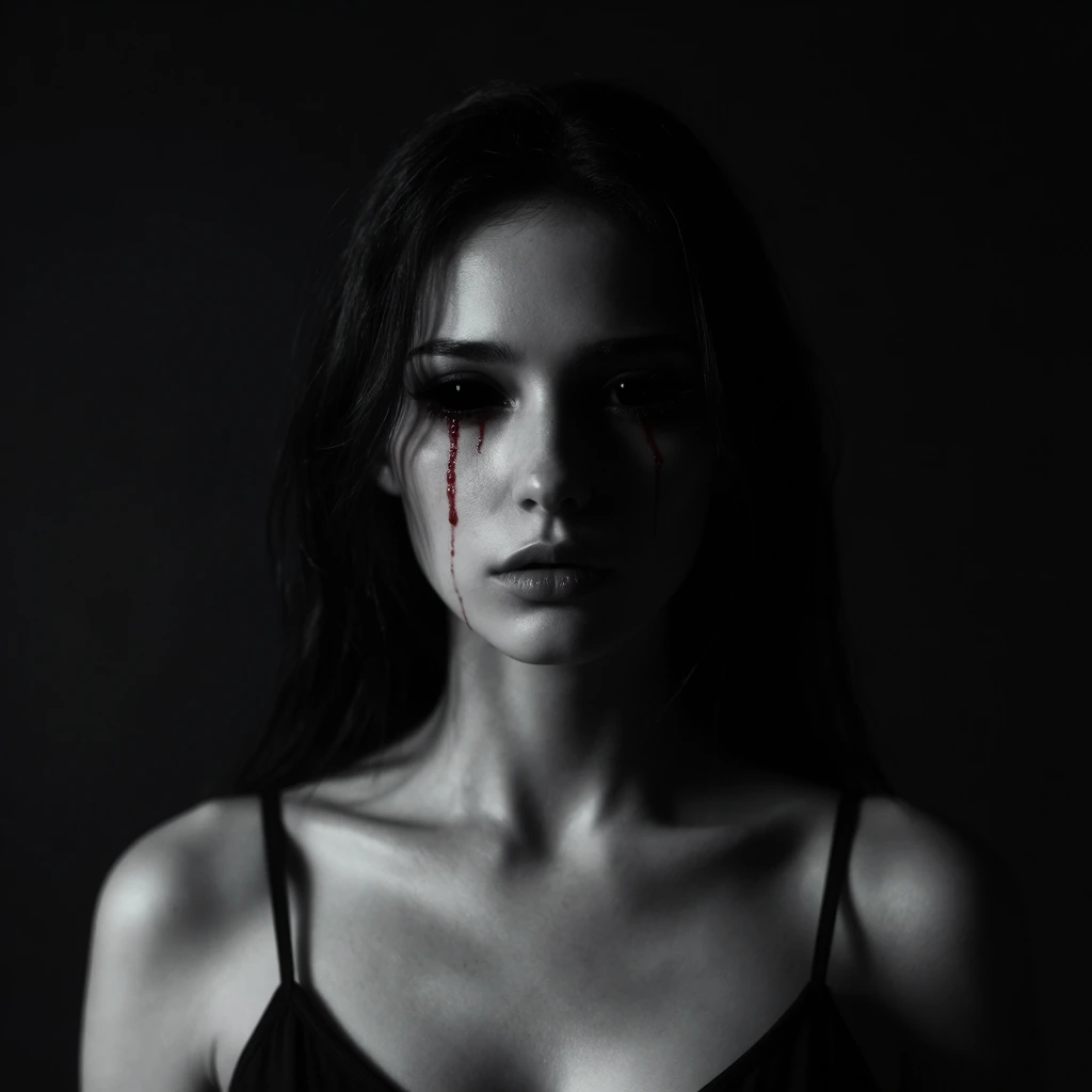 SUBJECT: A young woman with blank, all-black eyes and a red tear or blood trail running from her right eye. Her mouth is closed and appearing to be sealed or unnaturally smooth, as if absent. She is wearing a black spaghetti strap top. ENVIRONMENT: A