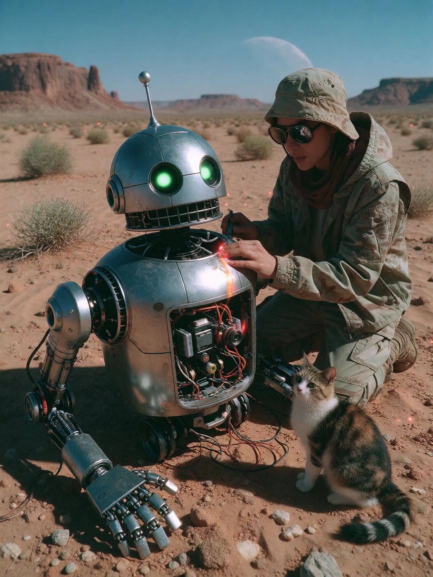 Woman with her cat on a desert planet in the middle of building a robot. The robot looks very loving, and she is excited to get it finished. Show her actually working on the robot and the robot is not completely put together yet.