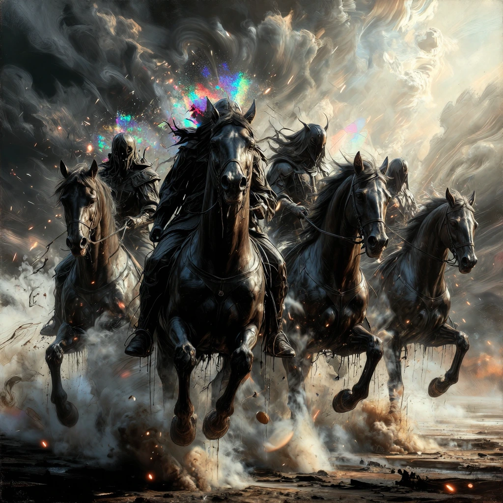 Four riders on horseback emerging from a swirling, stormy sky. They are the Four Horsemen of the Apocalypse, cloaked in black, tattered robes. Their f