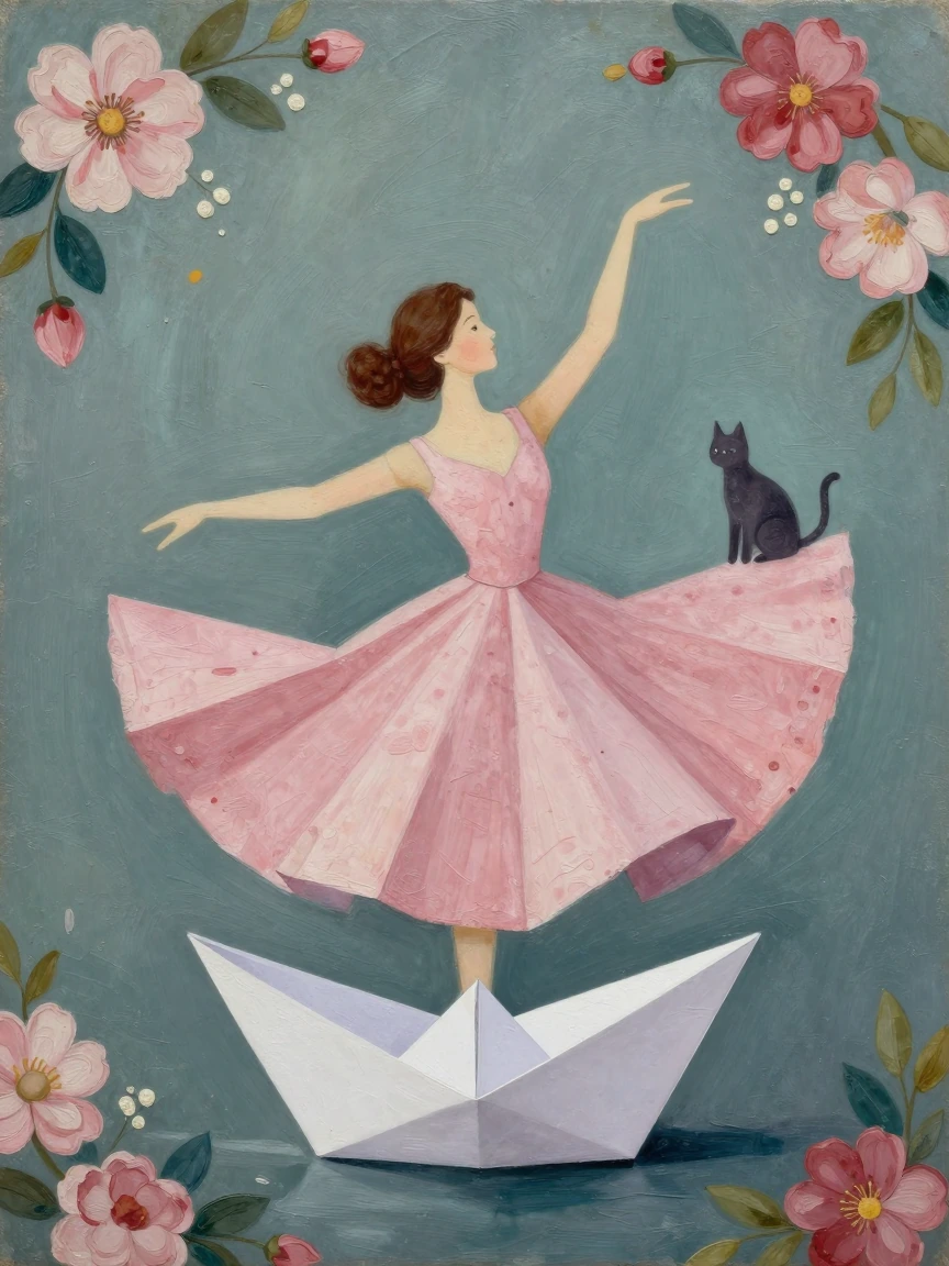 Artsy painting of a woman and her cat after the last dance of a paper boat. Floralpunk