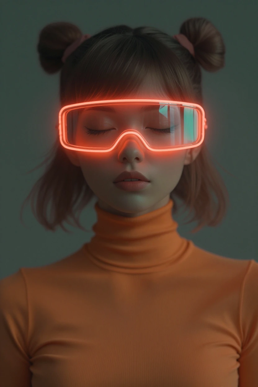 a brunette woman with twin tails, wearing a form-fitting orange turtleneck, face partially obscured by a futuristic wide visor-style eyewear with glow