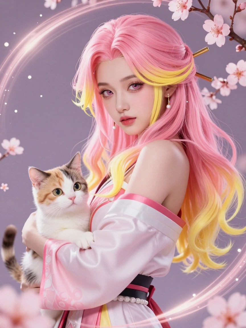 Cyberpunk geisha, pink and yellow ombre hair, with a cat, manga illustration, 3-D, airbrushed, beautiful pose, cherry blossoms, swirls, and lights