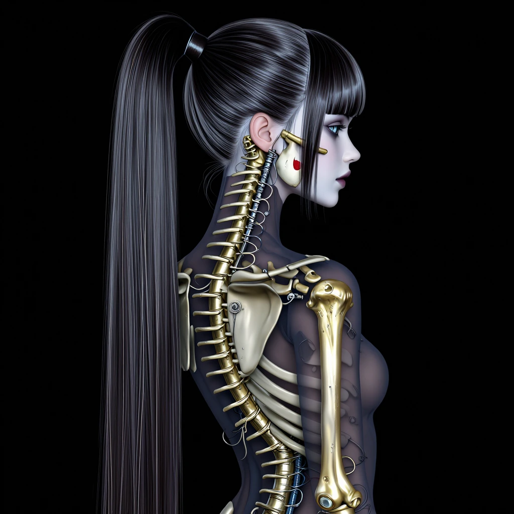 see-through body, from side, long hair, high ponytail, pale skin, black see-through body, short hair, black skeleton, gold spine, jawbone, mechanical 