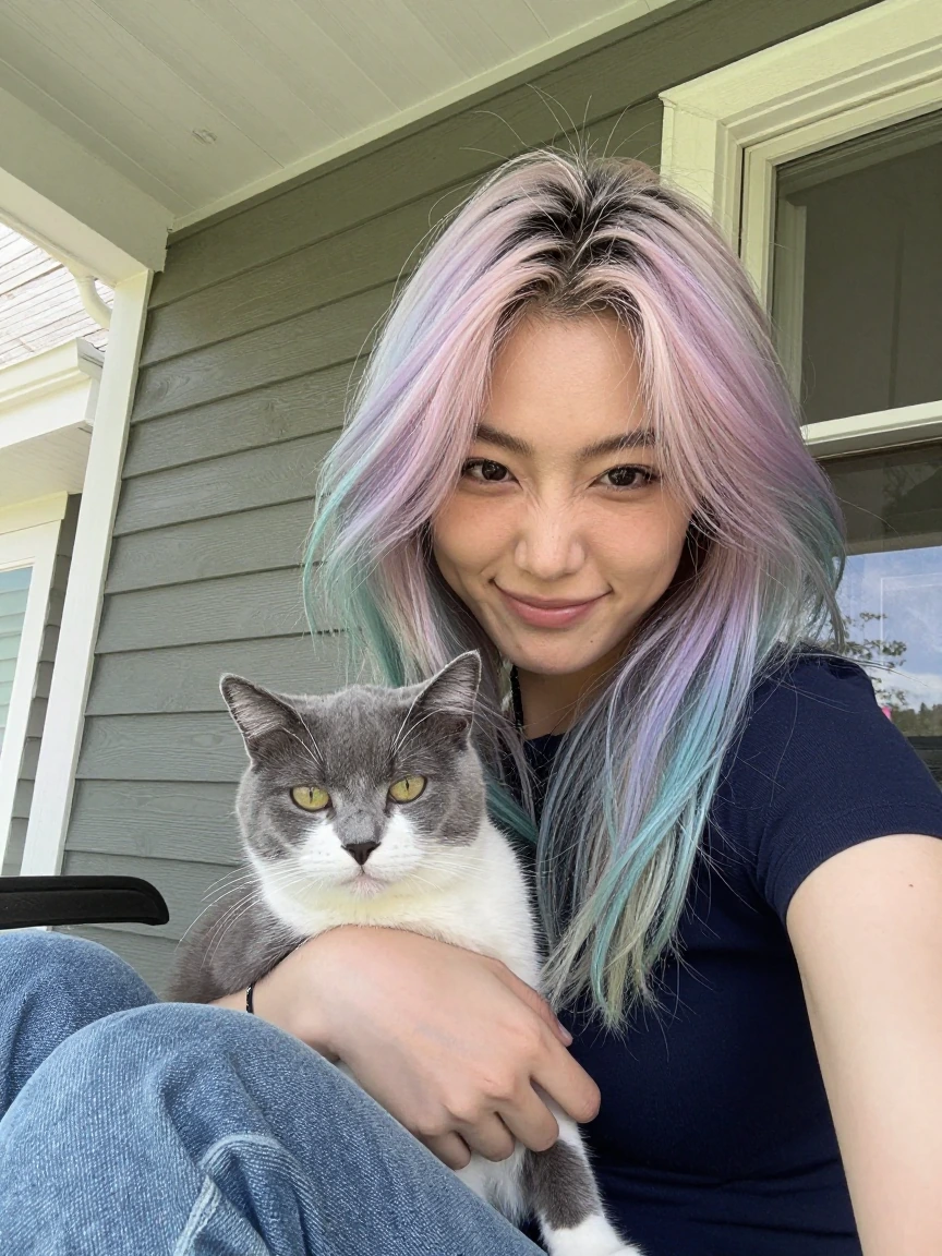 Crazy girlfriend pastel hair,taking a selfie with her cat on her front porch getting ready to head out to go to her daughter’s for some fun.😂