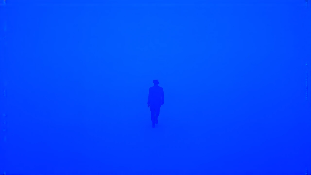 Neonoir thriller keyframe, "BLUE MIDNIGHT" avantgarde liveaction surreal dream photography, shot on expired 35mm motion picture film pushed two stops, heavy grain, halation blooming off every light source, chromatic fringe, slightly misregistered col