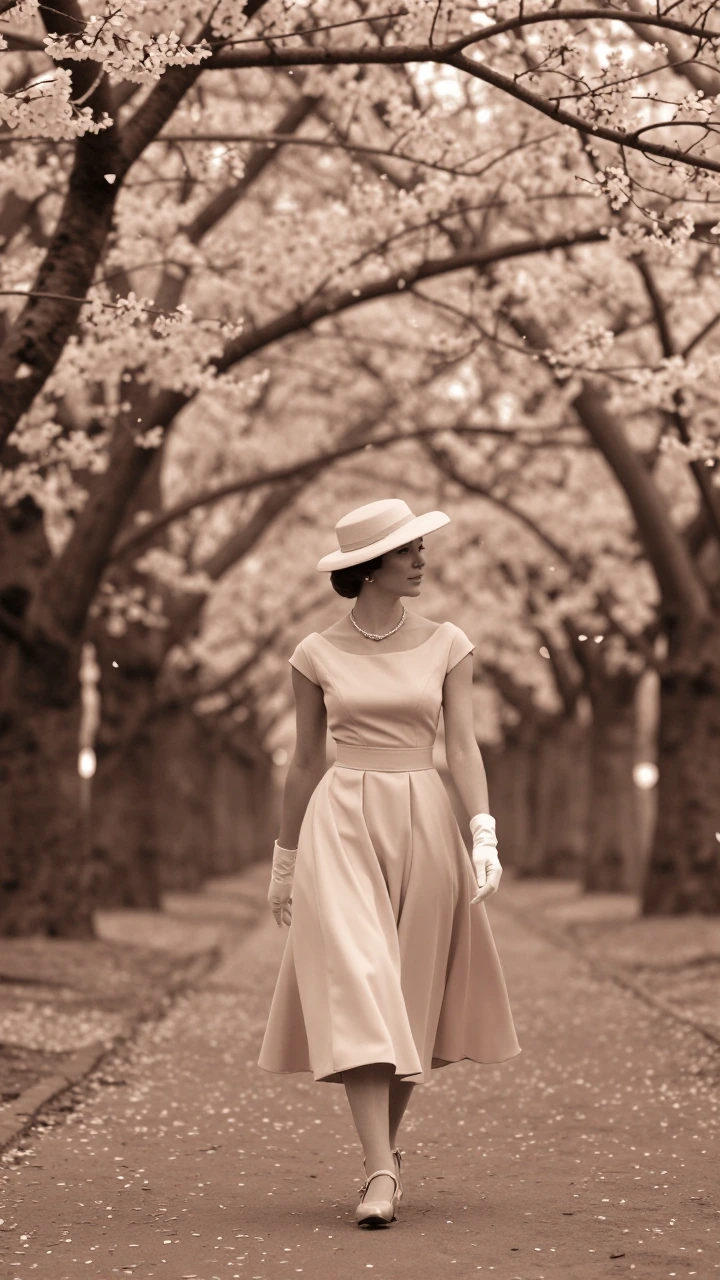 A graceful woman in classic 1950s Sunday best, strolling slowly through an ancient sakura grove. She wears a soft full-skirted day dress with a fitted bodice, white gloves, low heels, and a delicate pillbox hat tilted slightly, pearls at her neck. Wa