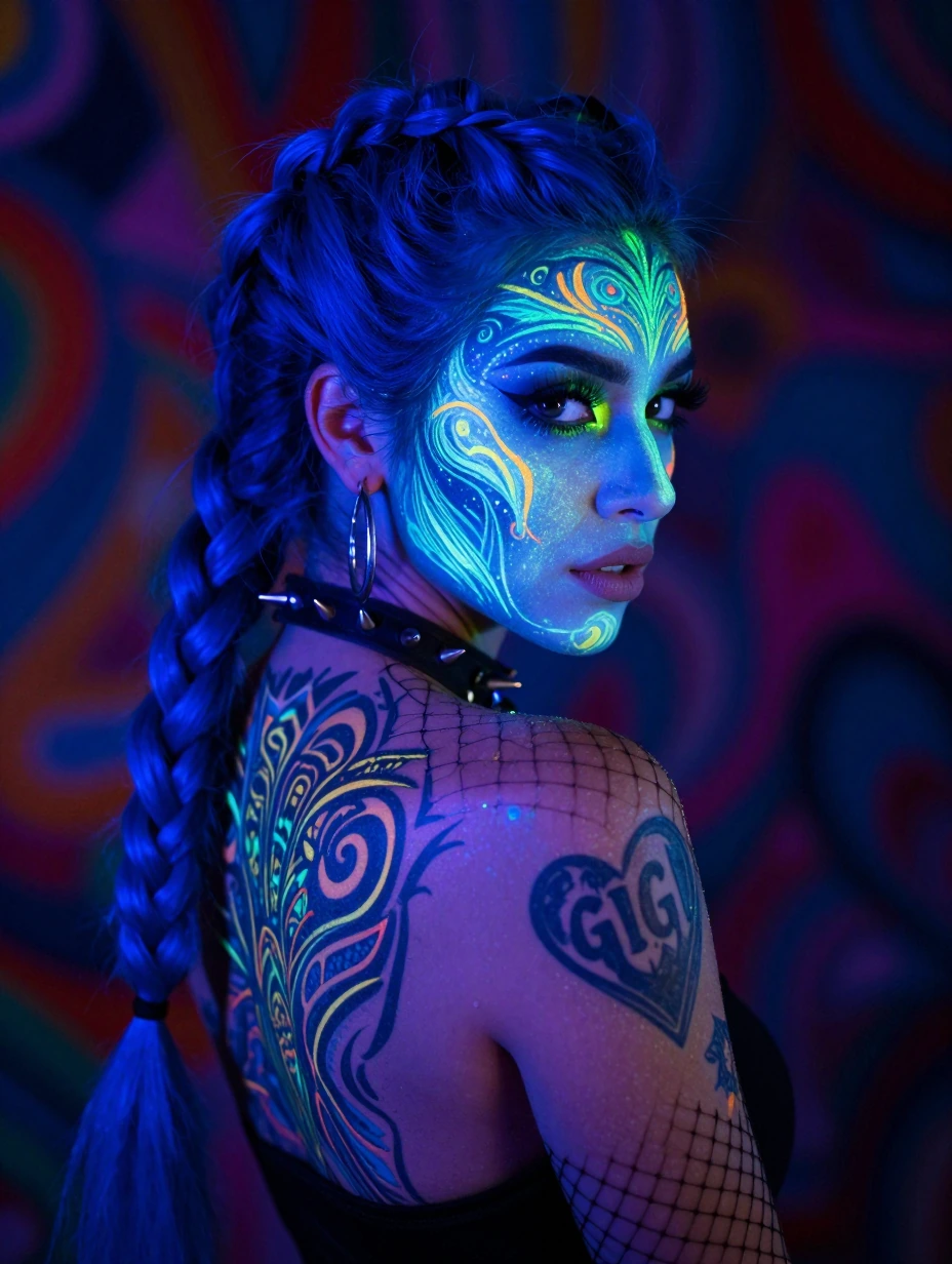 Blacklight paint (highly detailed face, expressive eyes:1.2), woman with vivid blue braided hair, intricate tribal tattoos covering back and shoulder, (detailed skin texture, realistic skin pores:1.1), shoulder tattoo that says GIGI in a heart, fishn