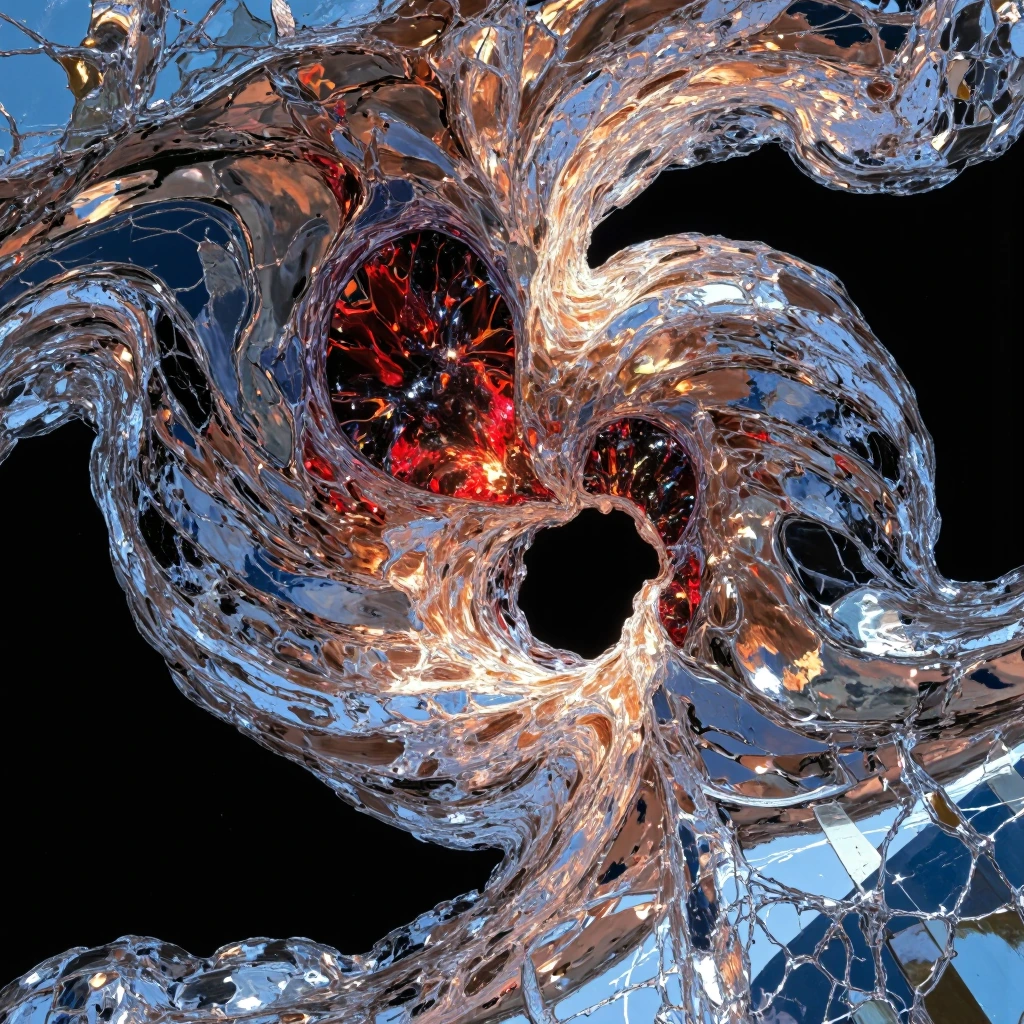 A macro-photographic, hyper-maximalist visualization of an impossible quantum loom suspended in a zero-gravity vacuum. The central structure is an unfolding, non-Euclidean geometric fractal made of highly reflective, crystallized bismuth and thixotro
