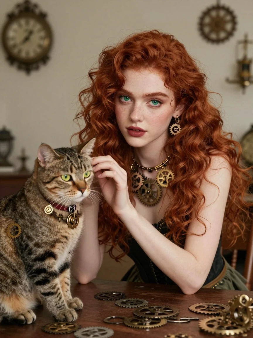 Clockwork redhead green-eyed beauty clockmaker’s apology. Cat on table.
