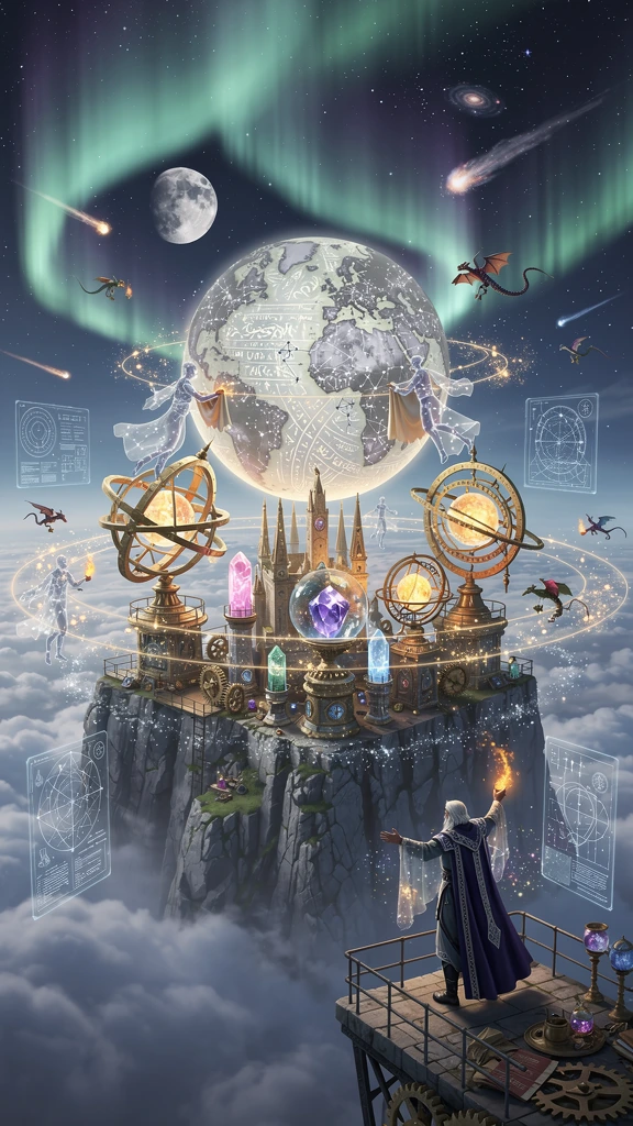 High above the world, atop a mountain so tall it rises beyond the clouds, stands an ancient celestial workshop where the legendary inventor of the second moon completes their life’s greatest creation. Enormous brass astrolabes, glowing crystal engine