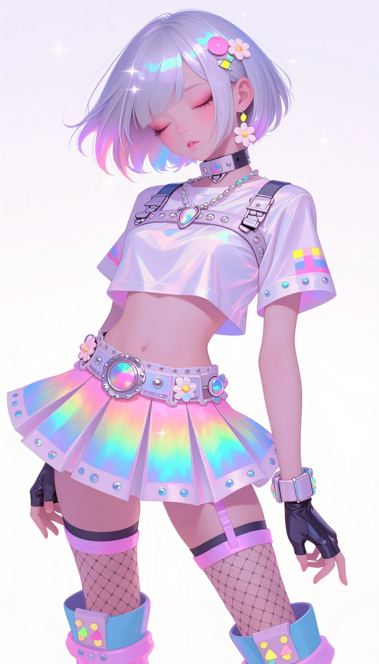 # Cyberpunk Anime Character This striking anime illustration features a stylized character with a short, silver bob haircut and closed, blissful eyes. She wears an edgy fusion of cyberpunk and kawaii aesthetics: a cropped white shirt, rainbow hologra