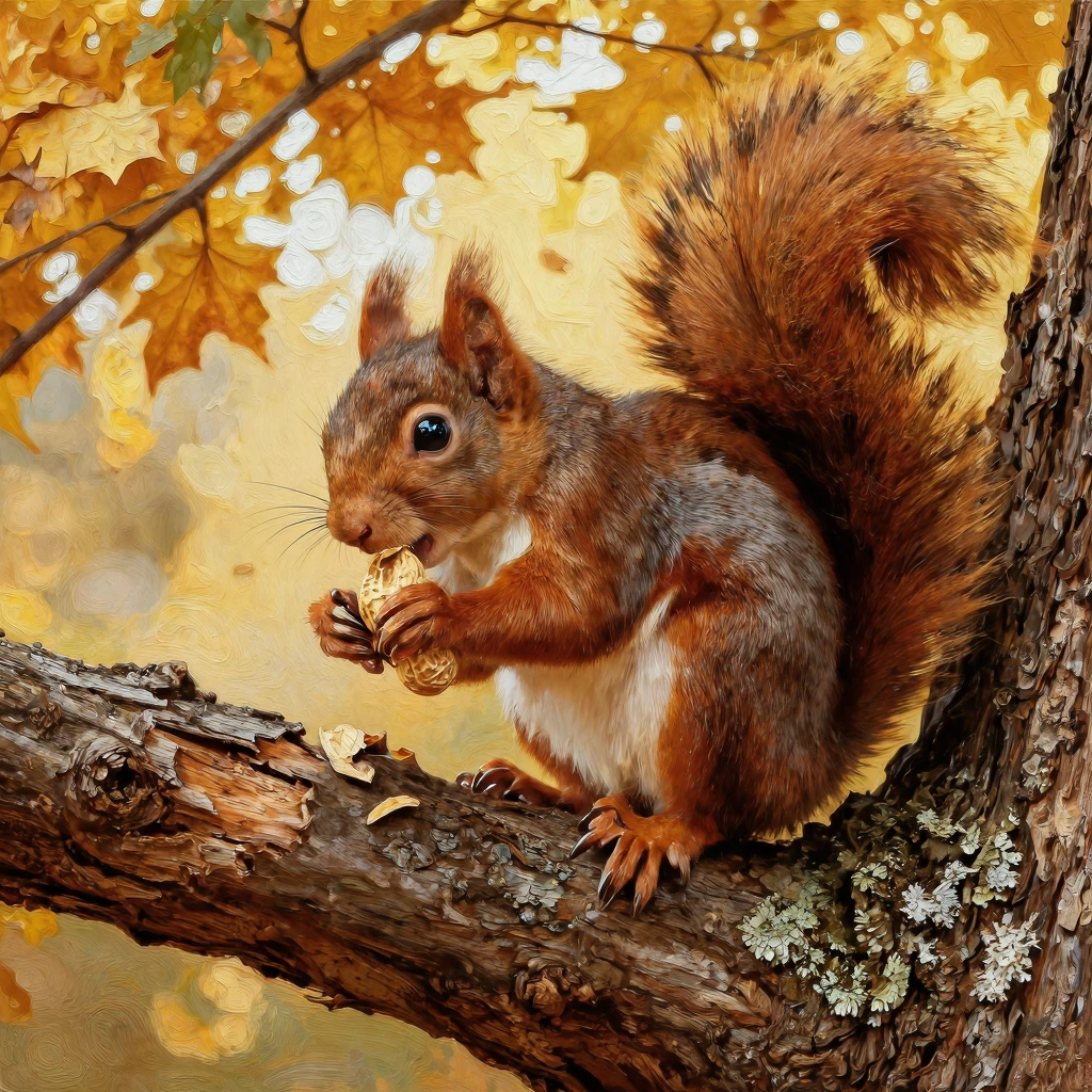 Paint a charming squirrel perched on a weathered oak branch, gripping a whole peanut in its delicate clawed paws, nibbling intently at the papery tan shell. Render the squirrel with rich chestnut-brown fur, each strand catching warm dappled afternoon
