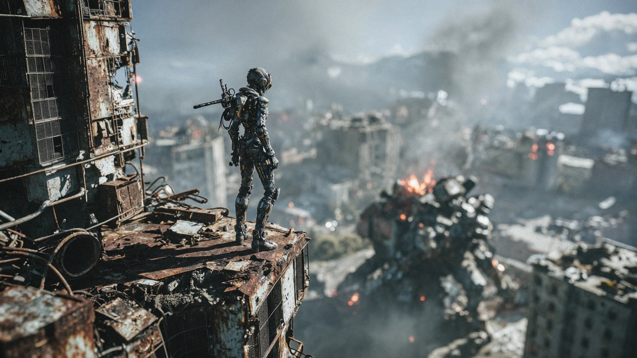 A cinematic and highly detailed wide shot of a mech girl standing precariously on the rusted edge of a towering, decaying building. She is overlooking a sprawling, war-torn city landscape engulfed in smoke and embers. Atmospheric, moody lighting with