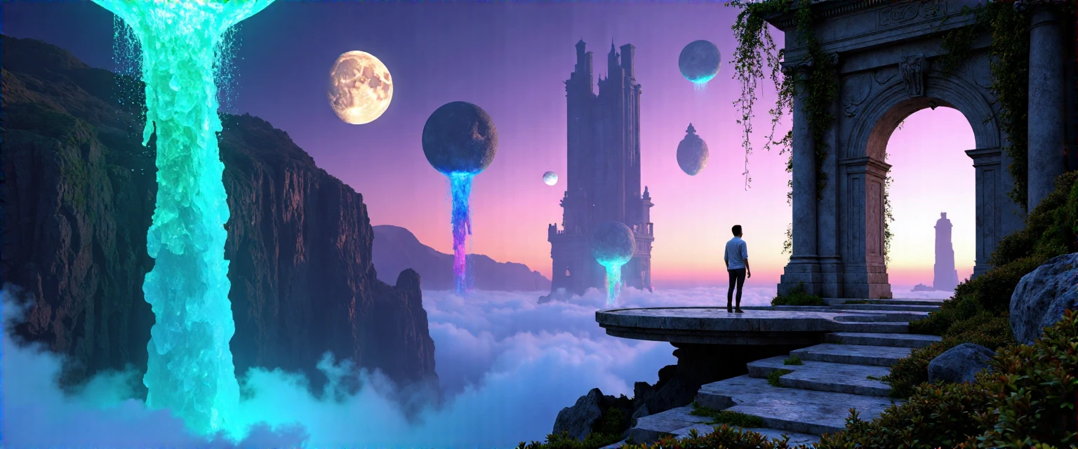 A dreamlike landscape where gravity defies logic, towering crystalline structures float upside-down in a twilight sky painted in impossible shades of deep violet and bioluminescent teal, cascading waterfalls flowing upward into clouds of luminous mis