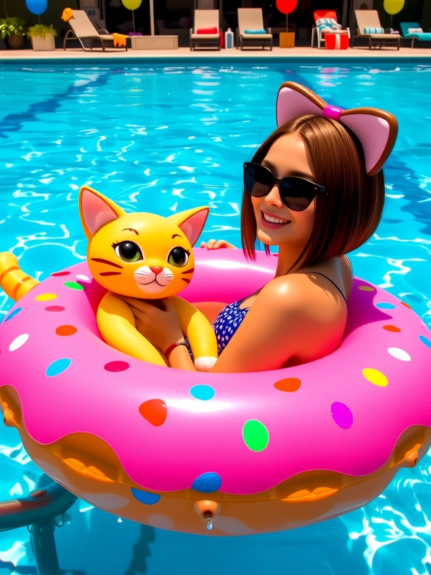 Beautiful woman, Bob cut hair in the pool with the doughnut pool floats colorful kitten beside the pool towels, pool chairs, sunny day