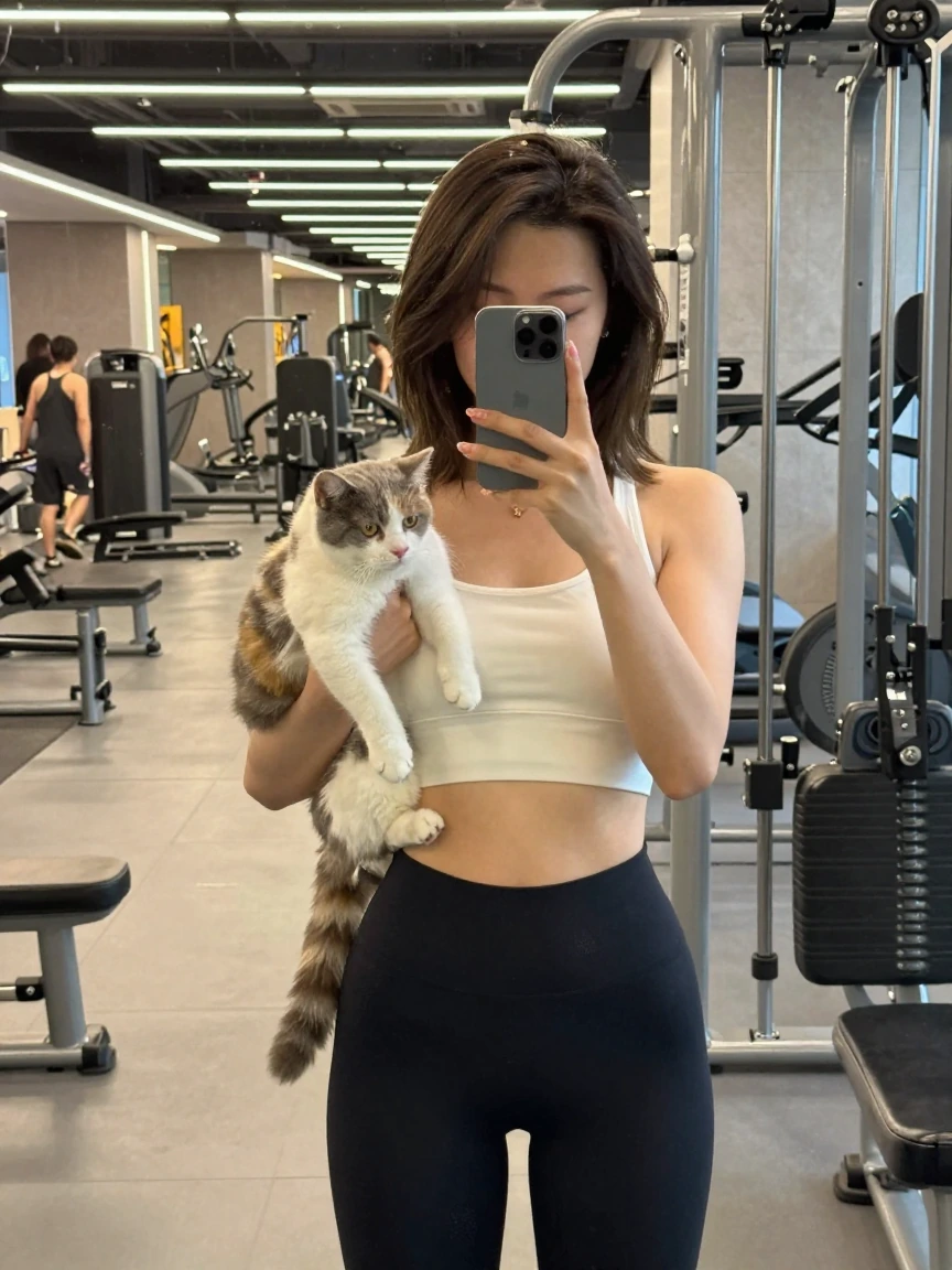 Crazy girlfriend, taking a selfie with her cat, at the gym