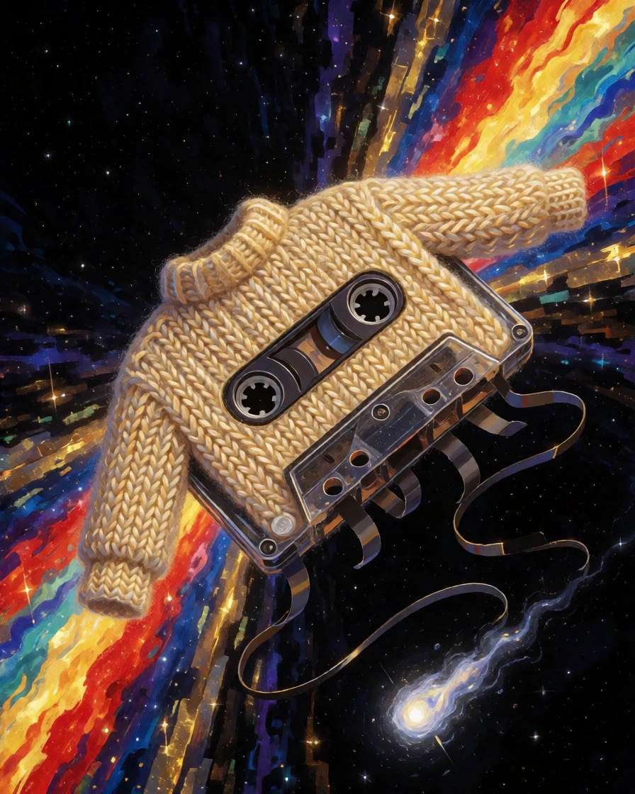 A cassette tape unraveling in deep space, its magnetic ribbon transforming into golden Rayonist light vectors that knit themselves into a cozy sweater