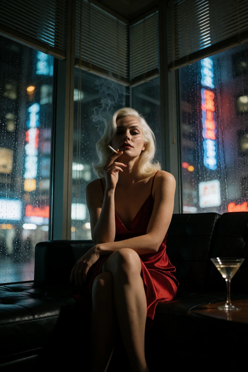 Film noir photograph: platinum blonde woman in crimson silk slip dress seated on black leather, legs crossed, cigarette held low between fingers, shot from a low angle against floor-to-ceiling windows framing a rain-slicked city at night. Her face ha
