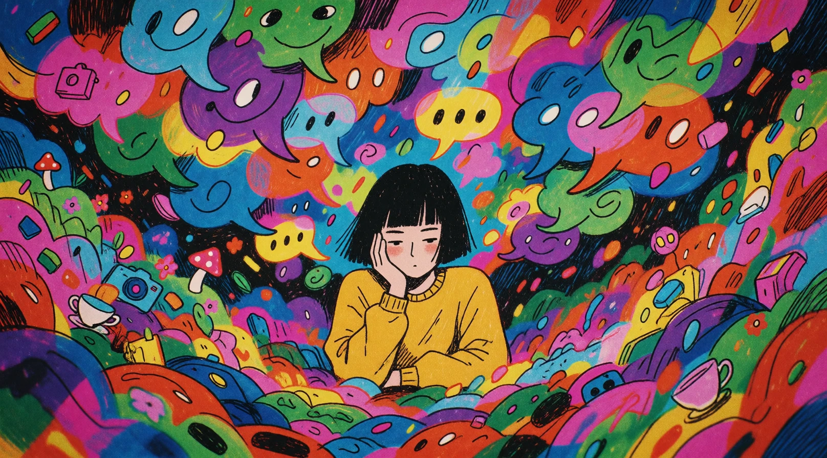 16:9 keyframe, high-grade illustration mixed with raw hand-drawn animation cel aesthetic, bold imperfect black ink lines, dense cross-hatching and scr